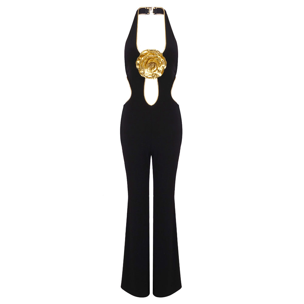 Halter Floral Jumpsuit Black Gold HV1638