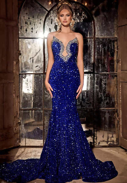 Strapless Crystal Sequin Mermaid Maxi Dress  HV1508