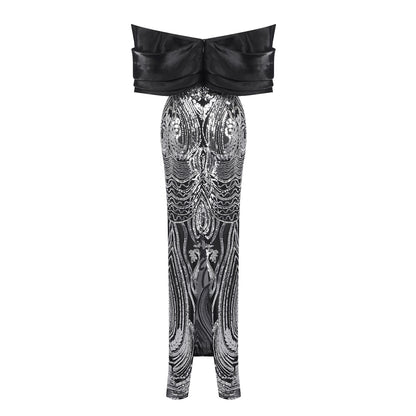 Draped Bardot Sequin Maxi Dress Black HV2052