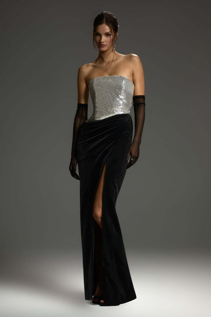 Strapless Sequin Velvet Maxi Dress Black Silver HV2736