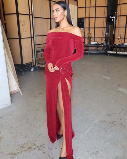 Long Sleeve Draped Bardot Maxi Velvet Dress Red HV2061