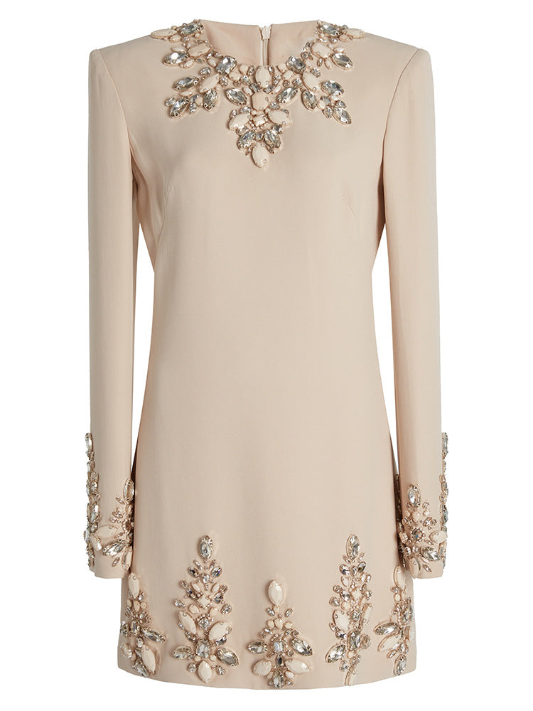 Long Sleeve Crystal A Line Dress Ivory