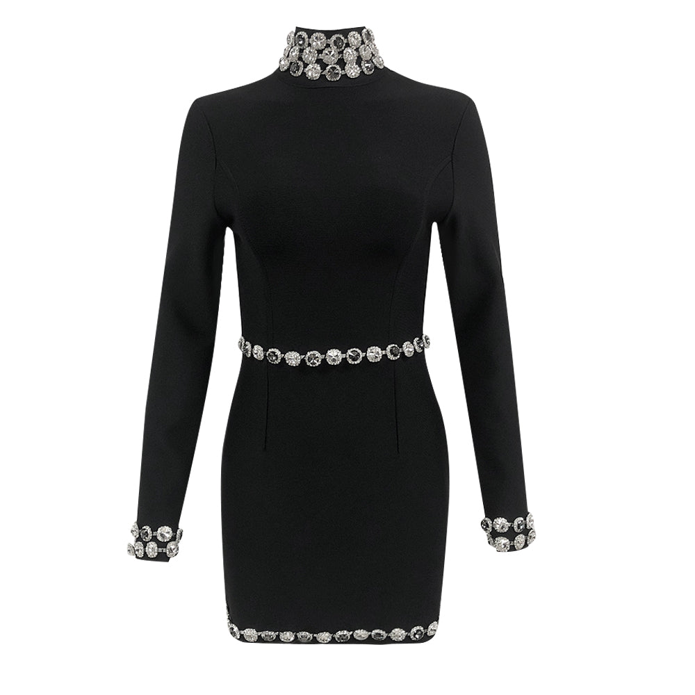 Long Sleeve Crystal Trim Dress Black HV1665