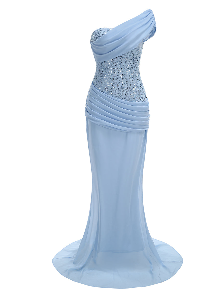 Draped One Shoulder Sequin Corset Maxi Dress HV3208
