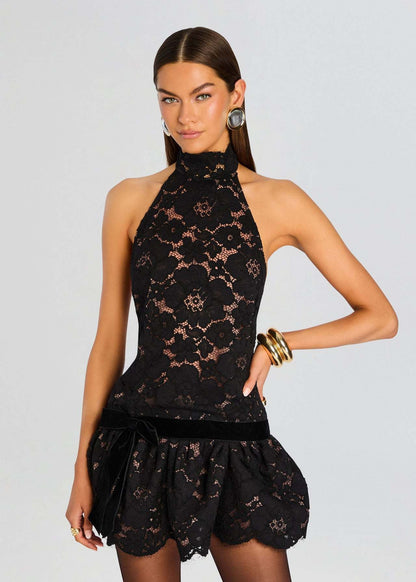 Halter Lace A Line Dress Black HV2840