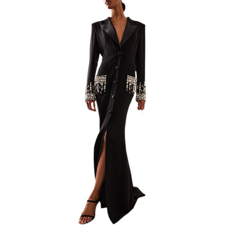 Long Sleeve Crystal Sequin Maxi Coat Dress Black HV1179