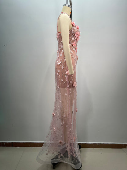 Long Sleeve Floral Sequin Maxi Dress Silver HV1784