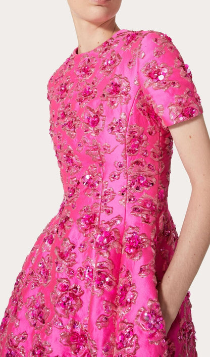 Short Sleeve Floral Sequin Dress Hot Pink HV1309