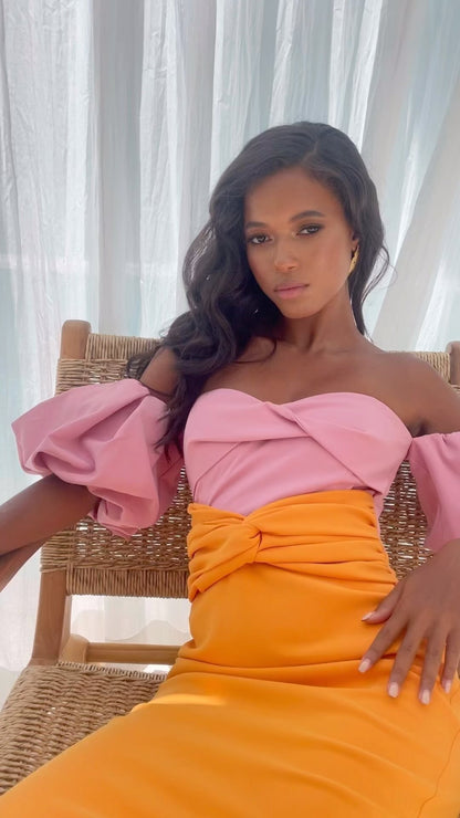 Puff Sleeve Bardot Midi Dress Pink Orange HV0002
