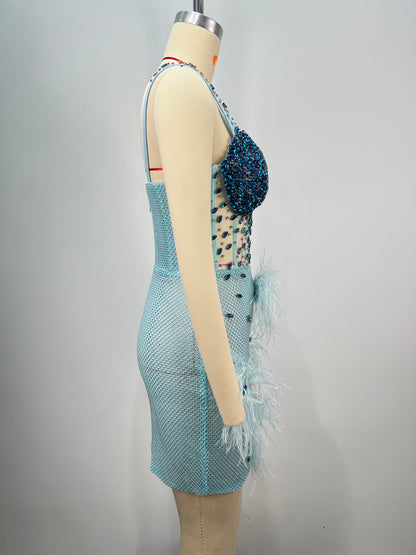 Crystal Bustier Feather Detail Dress Blue HV2192