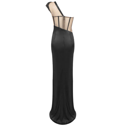 One Shoulder Mesh Insert Maxi Dress Black HV1556