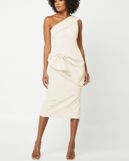 One Shoulder Draped Midi Dress White HV0003
