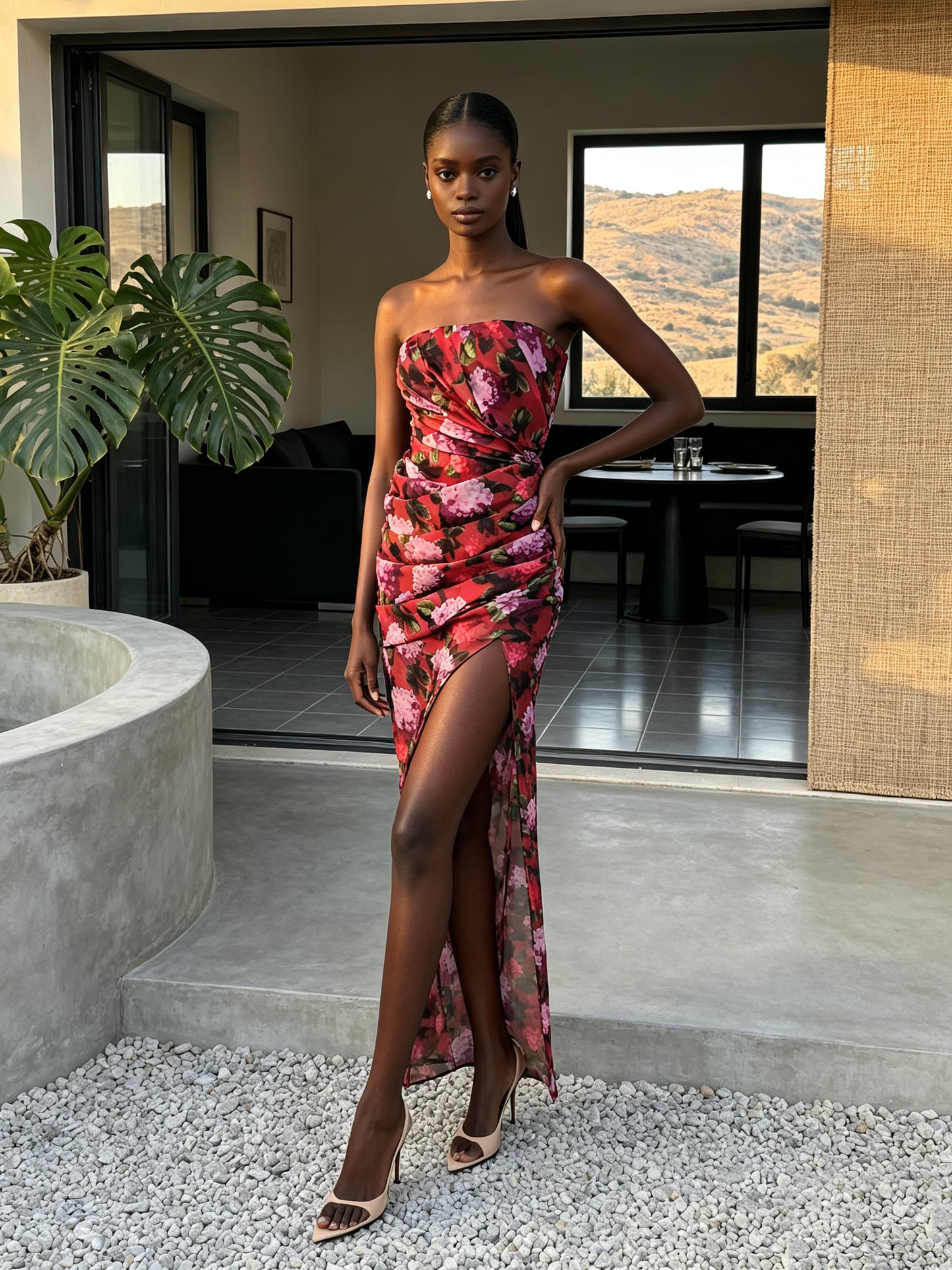 Strapless Draped Floral Maxi Dress Red HV3174