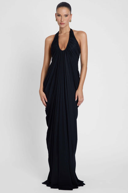 Halter Draped Design Maxi Dress Black HV0068