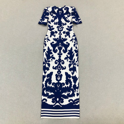 Short Sleeve Printed Maxi Dress Blue White HV1737