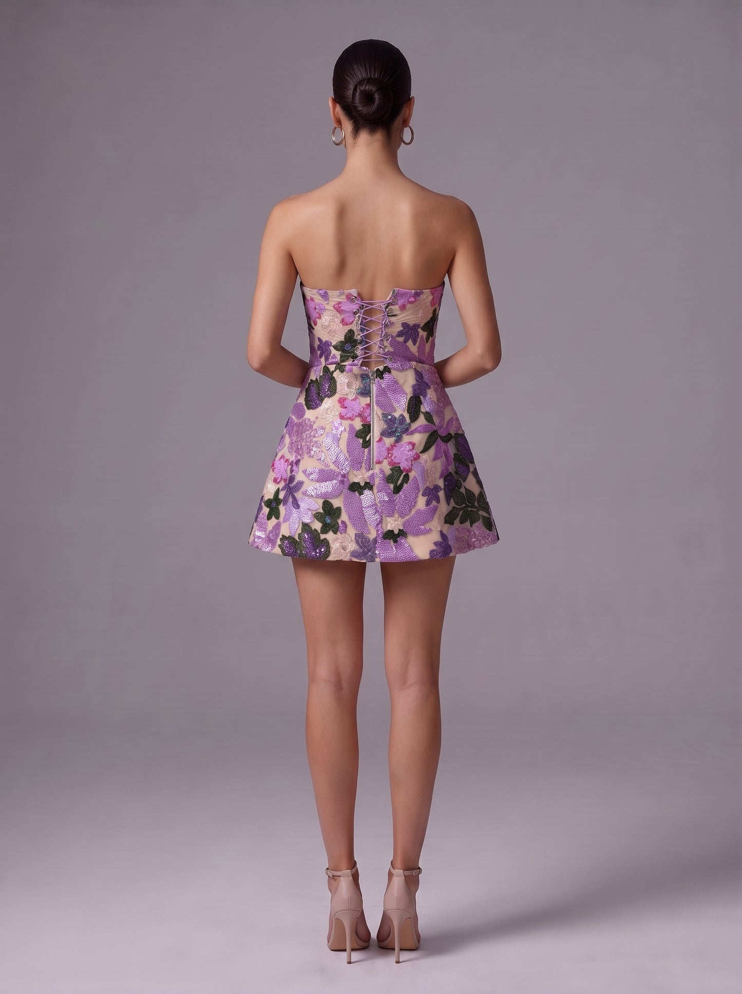 Strapless Floral Sequin Corset Dress Lavender HV3175