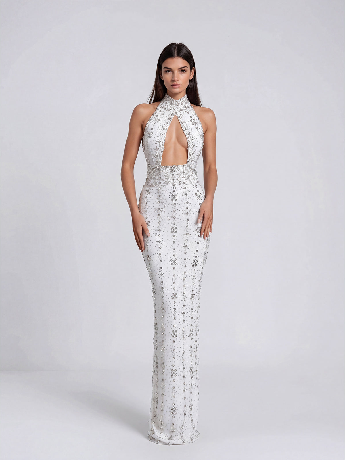 Halter Crystal Cut Out Maxi Dress  HV3082