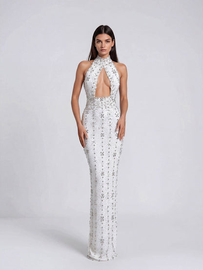 Halter Crystal Cut Out Maxi Dress  HV3082