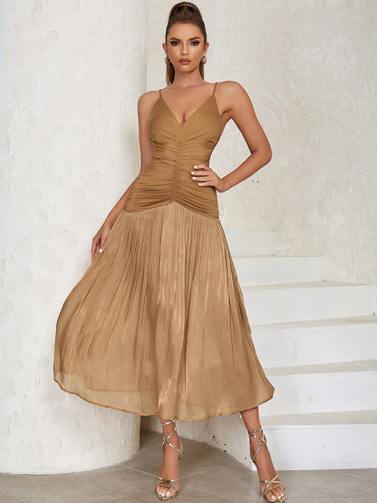 Draped Pleated A Line Midi Dress Brown HV9522