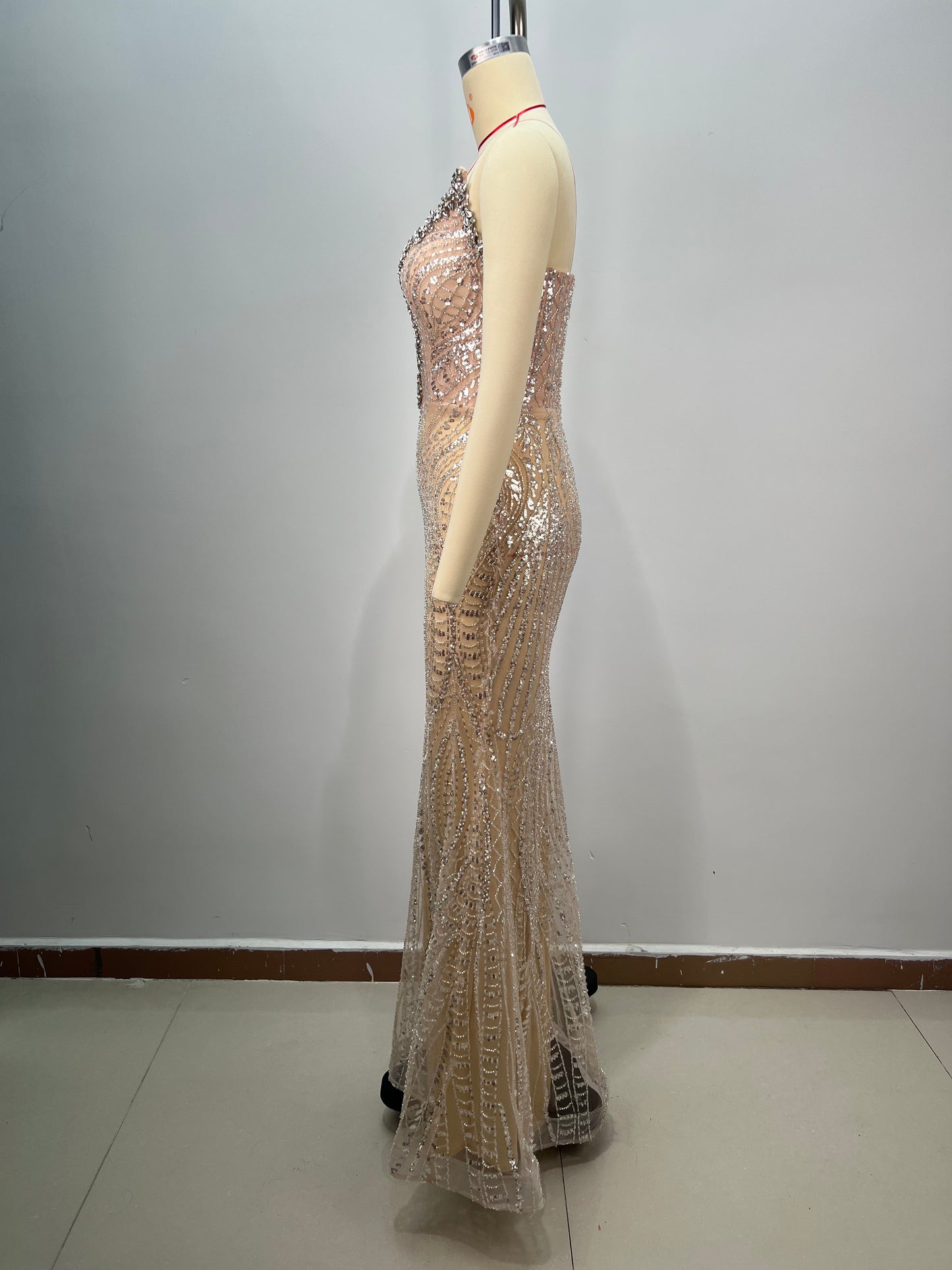 Strapless Crystal Sequin Maxi Dress Nude HV2196