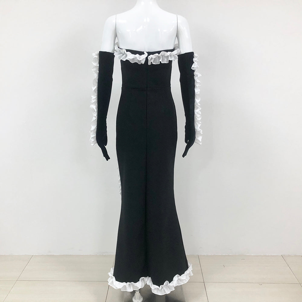 Strapless Ruffle Detail Maxi Velvet Dress Black White HV1399