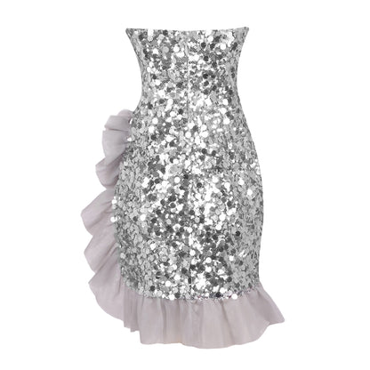 Strapless Sequin Ruffle Dress Silver HV1709