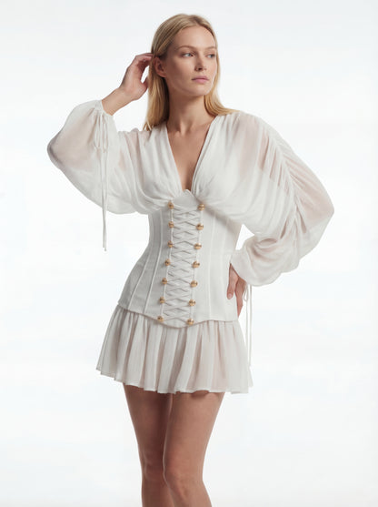 Long Sleeve Corset A Line Dress White HV2913