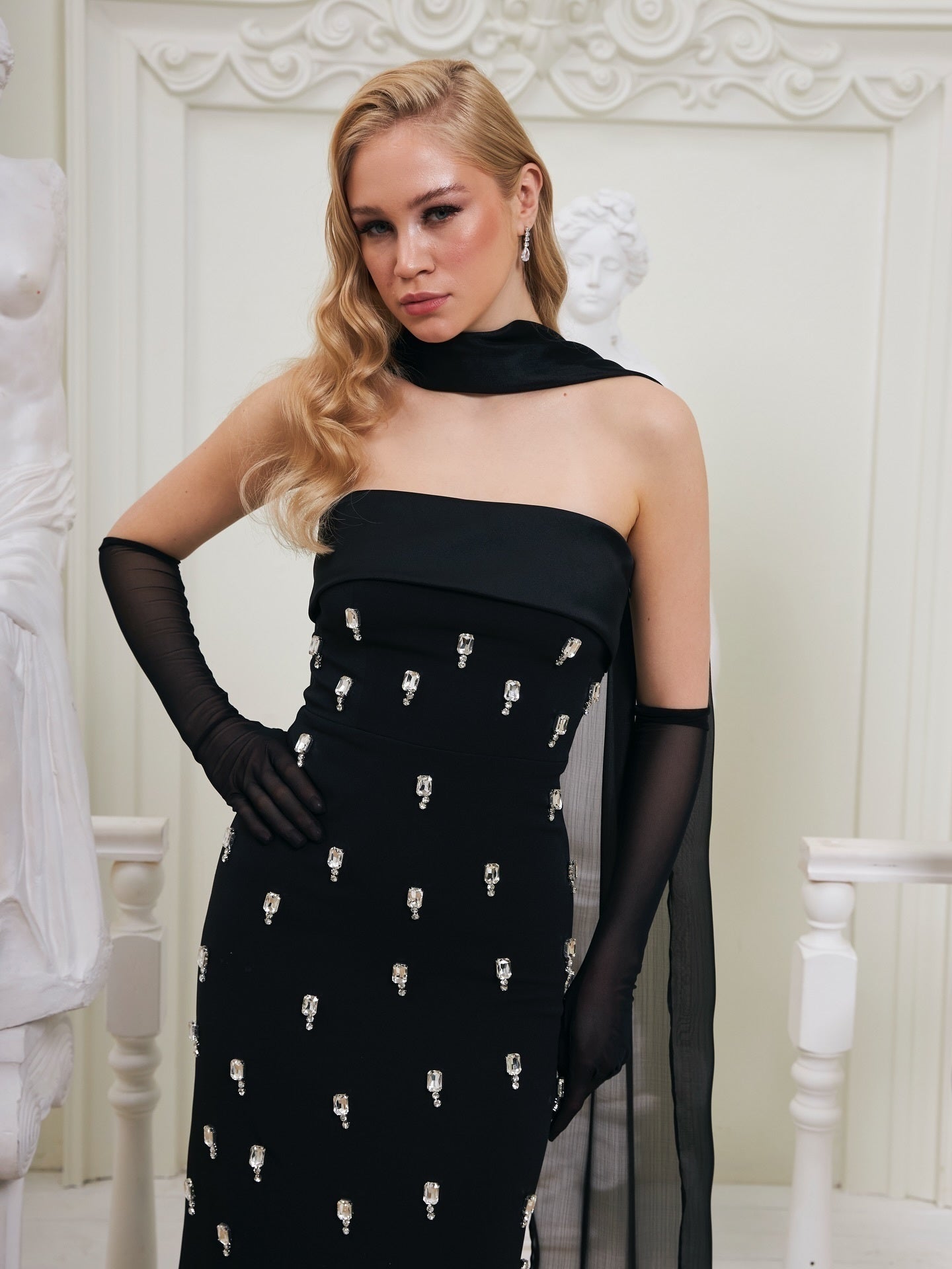 Strapless Crystal Detail Scarf Maxi Dress Black HV2342