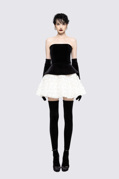 Strapless Corset Floral A Line Velvet Dress Black White HV0006