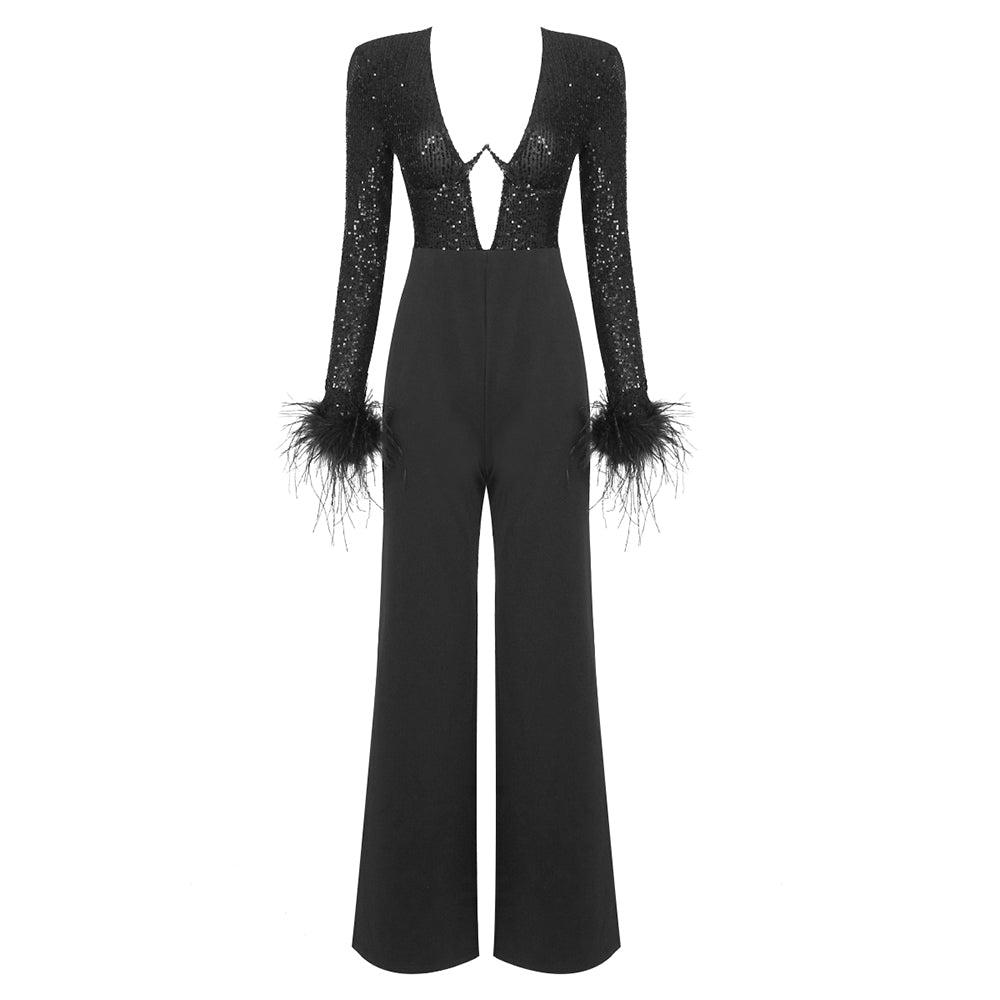 Long Sleeve Sequin Feather Jumpsuit Black HV1079