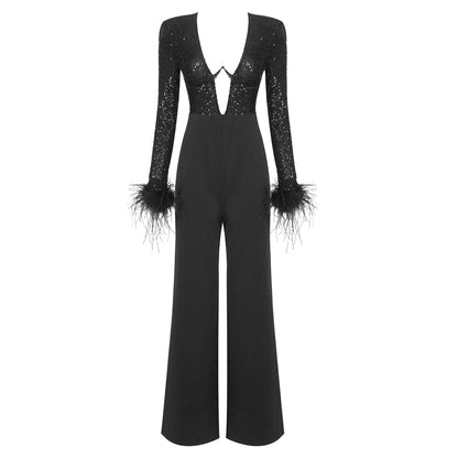 Long Sleeve Sequin Feather Jumpsuit Black HV1079