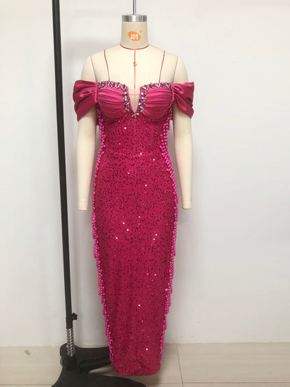 Bardot Crystal Bustier Sequin Maxi Dress Hot Pink HV2296