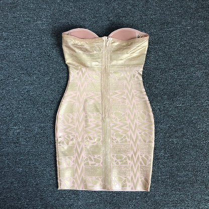 Strapless Crystal Woodgrain Foil Print Dress Gold HV1663