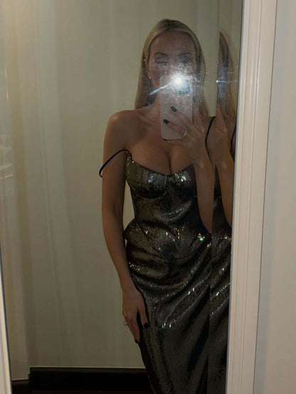 Sequin Peplum Corset Maxi Dress Black HV0045