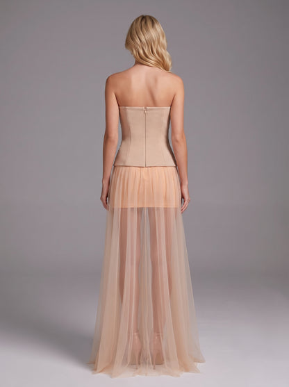 Strapless Embellished Mesh A Line Maxi Dress Nude HV3229