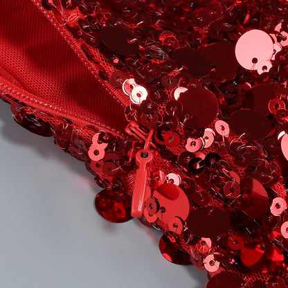 Draped Sequin Maxi Dress Red Silver HV1924