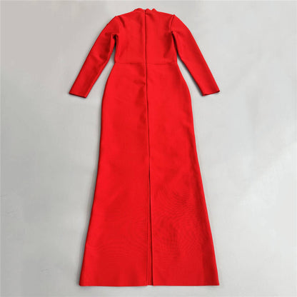 Long Sleeve Floral Crystal Maxi Dress Red HV2646
