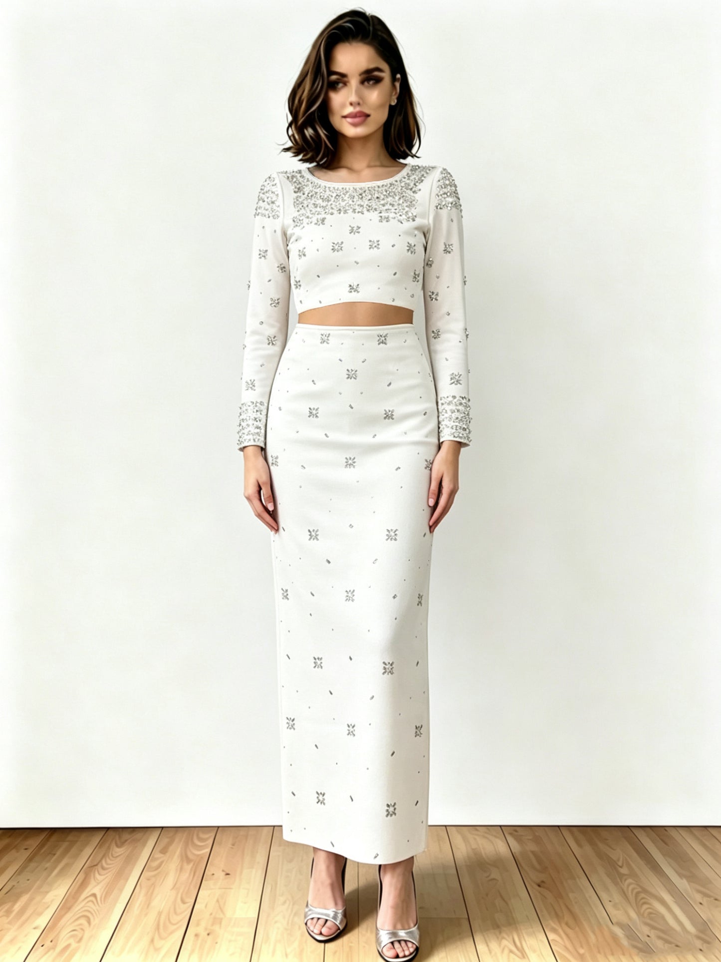 Long Sleeve Crystal Embellished Two Piece Maxi Dress White HV3098