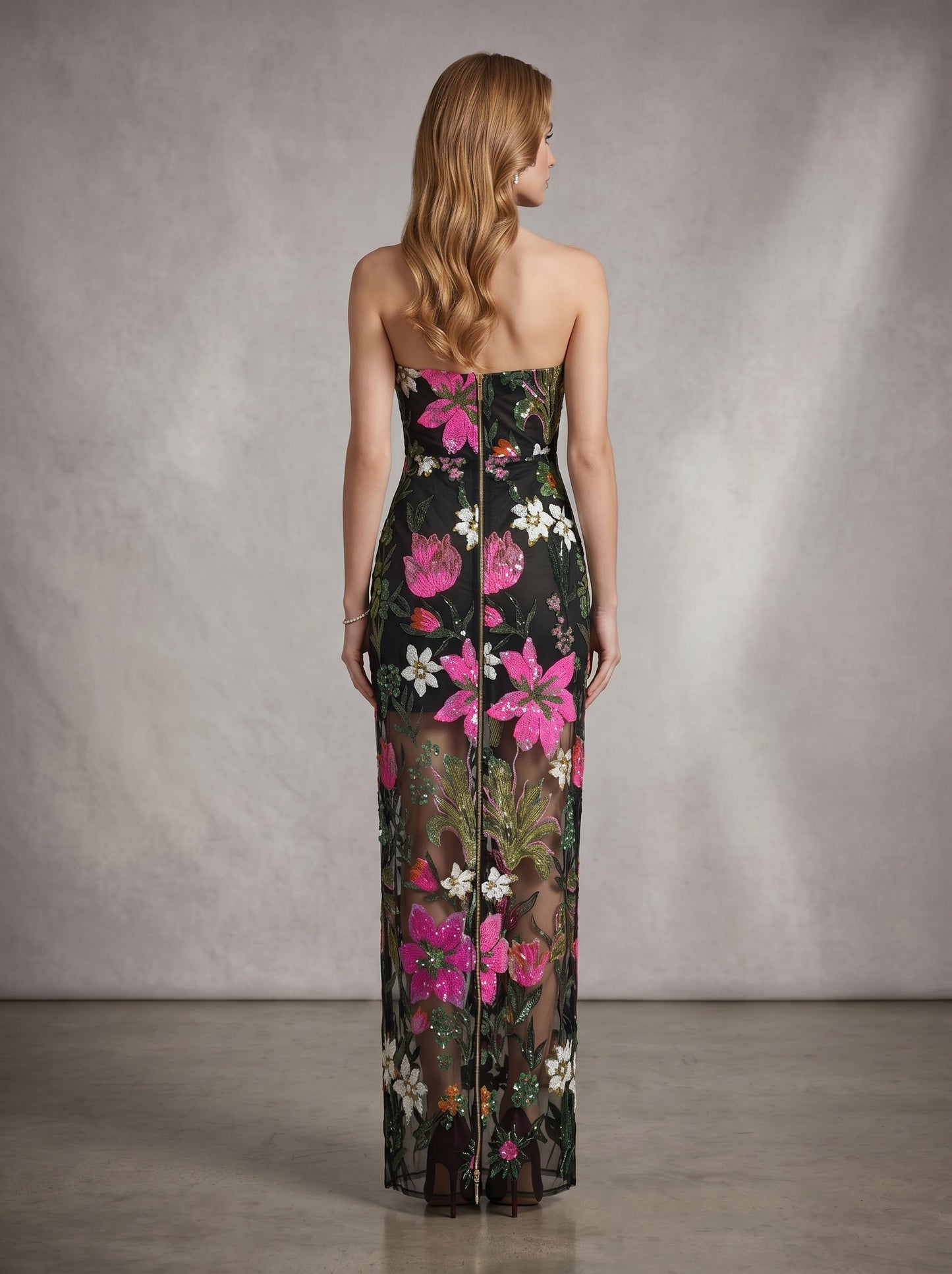 Strapless Sequin Floral Embroidered Maxi Dress Black HV3133