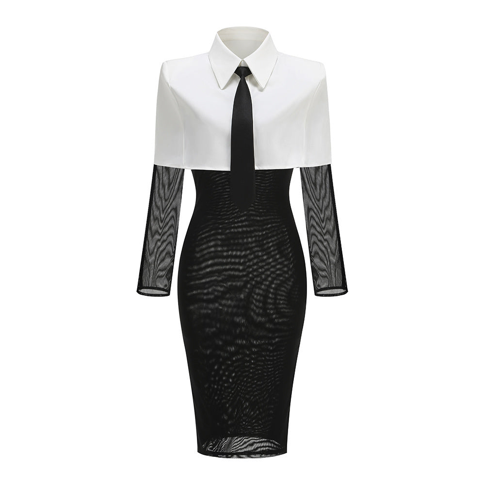 Long Sleeve Shirt Midi Dress Black White HV2453