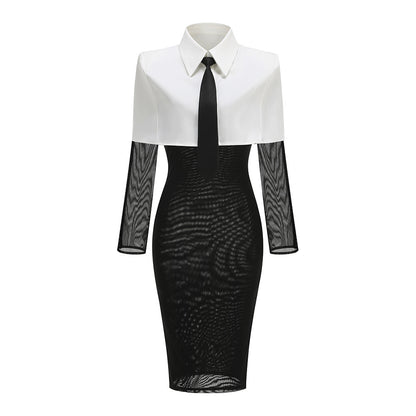 Long Sleeve Shirt Midi Dress Black White HV2453