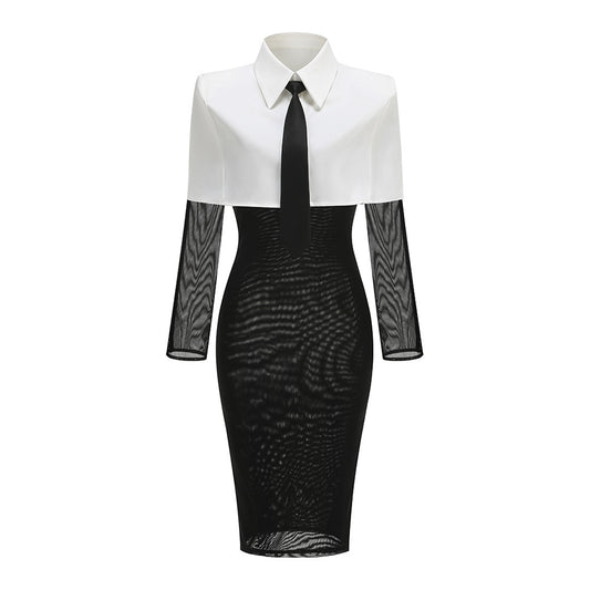 Long Sleeve Shirt Midi Dress Black White HV2453