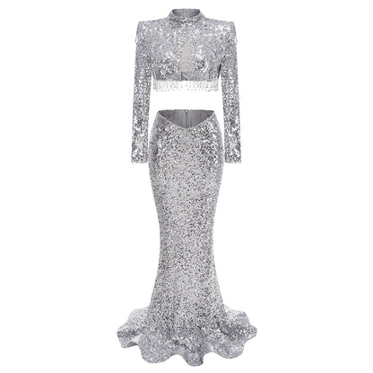 Long Sleeve Crystal Sequin Two Piece Maxi Dress Silver HV1984