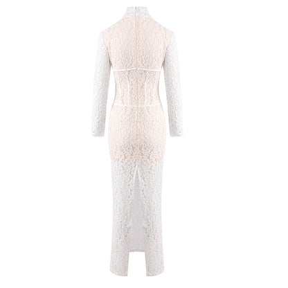 Long Sleeve Structured Lace Maxi Dress White HV2657