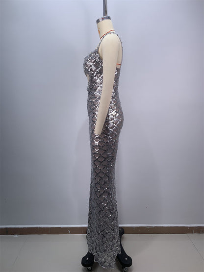 Crystal Bustier Sequin Maxi Dress Silver HV1627