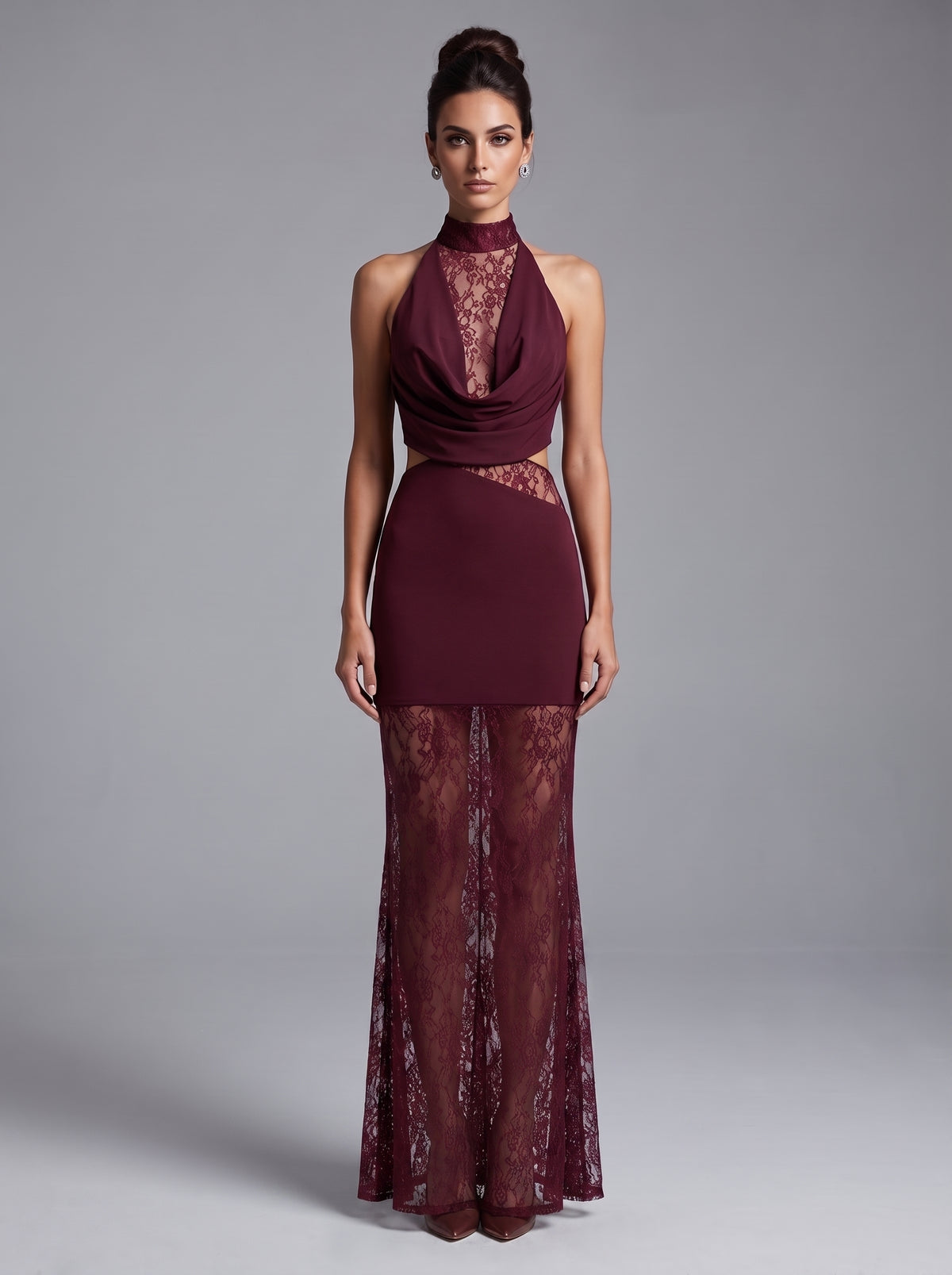 Lace Insert Draped Detail Maxi Dress Burgundy HV3215
