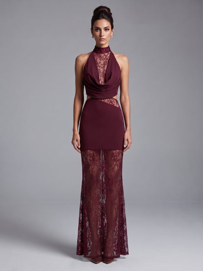 Lace Insert Draped Detail Maxi Dress Burgundy HV3215