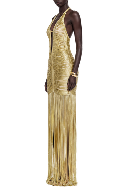 Halter Tassel Detail Maxi Dress Gold HV3109