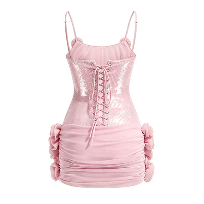 Floral Draped Sequin Corset Dress Pink HV2207