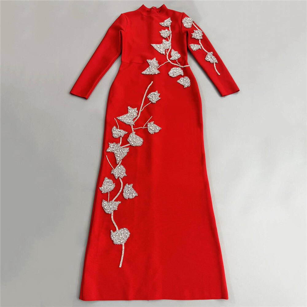 Long Sleeve Floral Crystal Maxi Dress Red HV2646